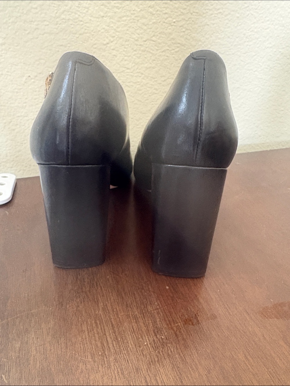 Tory Burch Black Leather Round-Toe Heels with Gold Accent - Picture 3 of 8